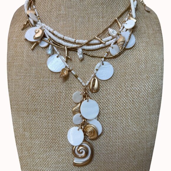 Layered White Gold Shell Charm Necklace Statement Earrings Set, Beach, Coastal - Picture 1 of 9